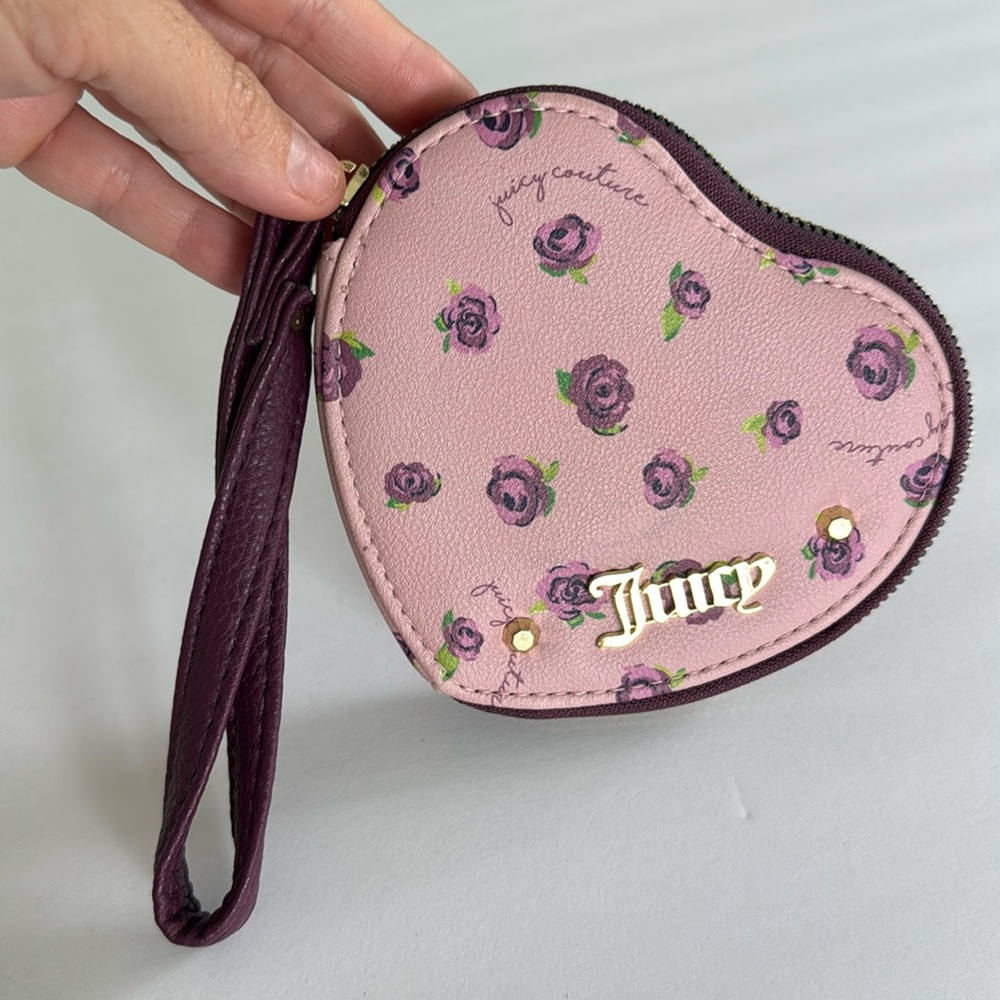 Juicy Couture purple Heart Rose flowered zipper wristlet